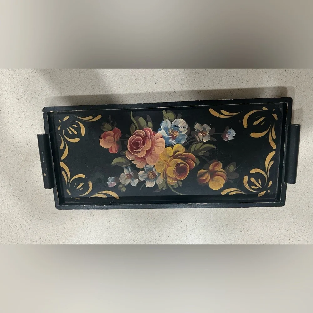 Vintage Decorative Floral Black Serving Tray